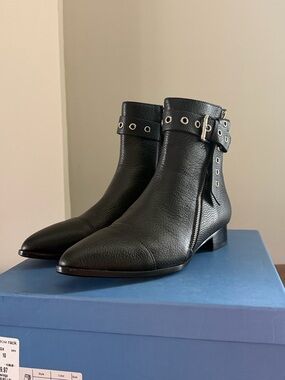 Paige MIA Black Leather Ankle Booties with Buckle & Eyelet Strap